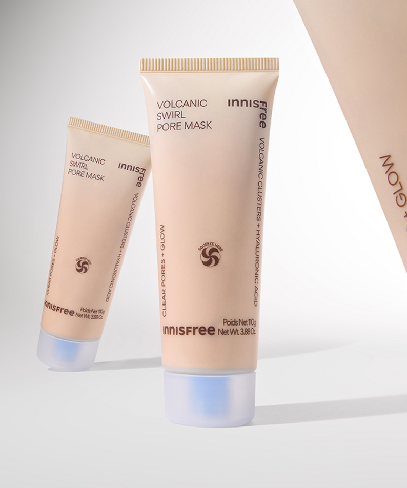 INNISFREE Volcanic Pore Dual Mask 110ml shown in packaging with clear pores and glow benefits.