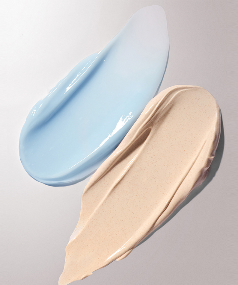 Texture of INNISFREE Volcanic Pore Dual Mask 110ml showing blue and beige clay swatches for skin care.