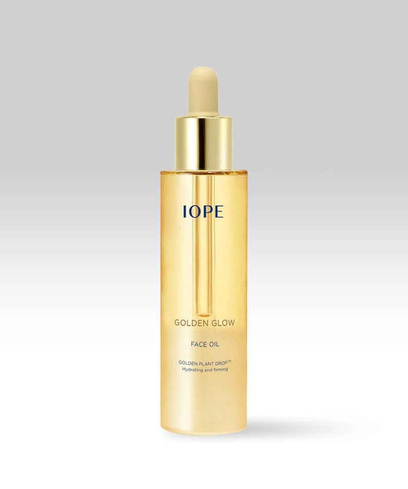 IOPE Golden Glow Face Oil 40ml bottle with dropper in white background, enhancing skin radiance and hydration.