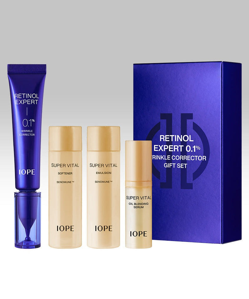 IOPE Retinol Expert 0.1% Wrinkle Corrector 30ml Set with packaging and additional skincare bottles.