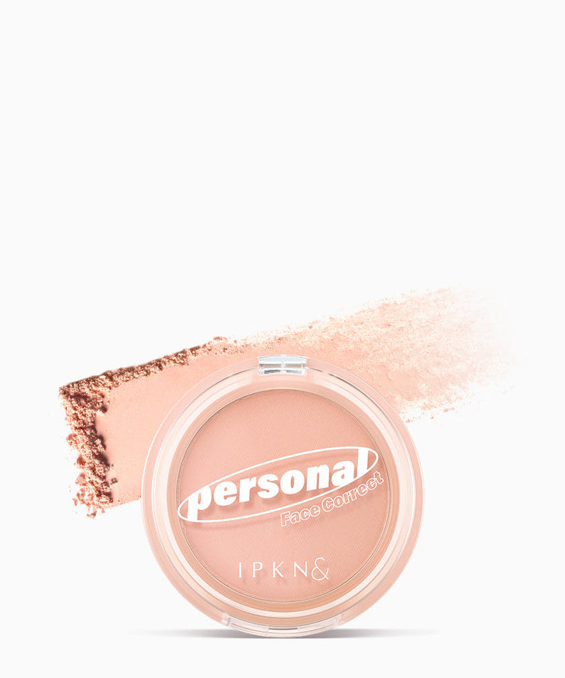 IPKN Personal Perfume Powder Blusher (Warm Coral) makeup product with swatch on white background.