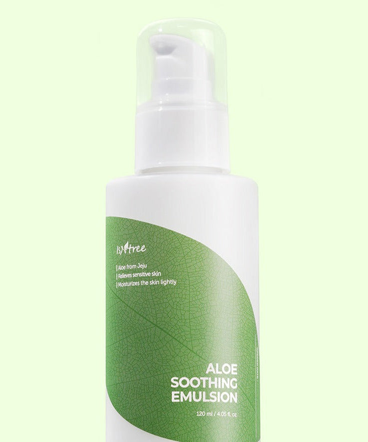 Bottle of ISNTREE Aloe Soothing Emulsion 120ml with green label and pump dispenser on light green background