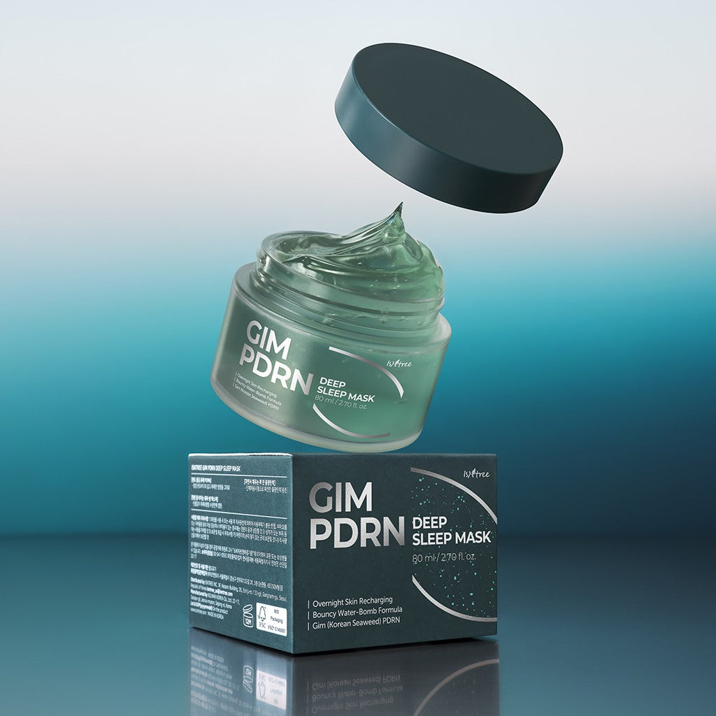 ISNTREE Gim PDRN Deep SLeep Mask 80ml displayed with open jar and packaging on gradient background.