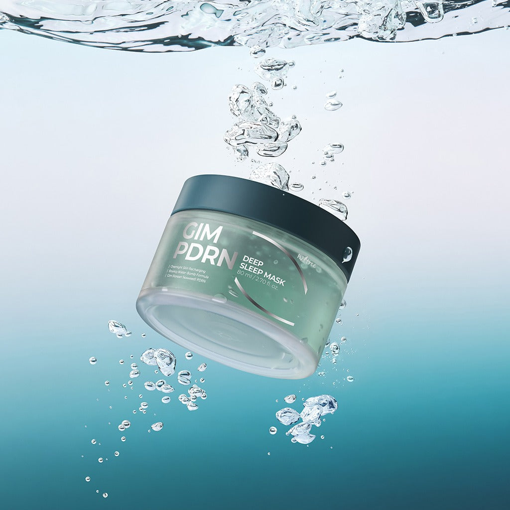 ISNTREE Gim PDRN Deep SLeep Mask 80ml floating in clear water, showcasing the product's hydrating properties.