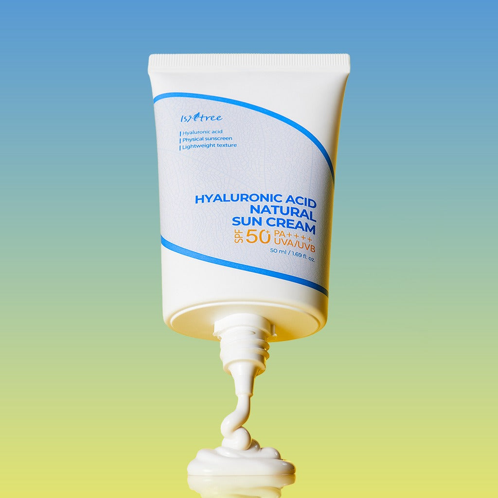 ISNTREE Hyaluronic Acid Batural Sunscreen 50ml tube with SPF 50 shown against a gradient background.