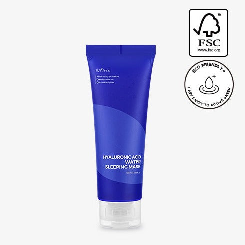 ISNTREE Hyaluronic Acid Water Sleeping Mask 100ml in blue tube with eco-friendly and FSC certifications