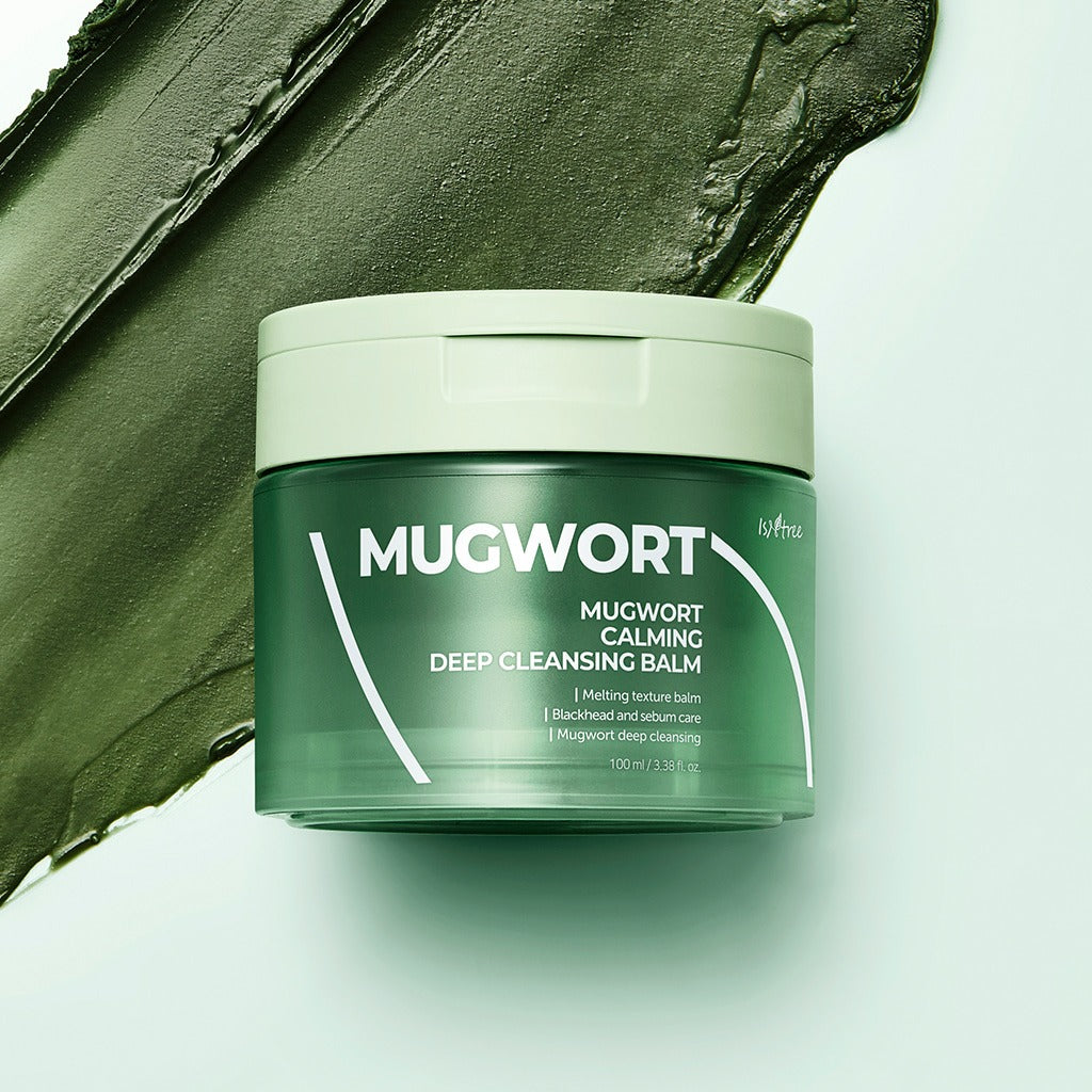 ISNTREE Mugwort Calming Deep Cleansing Balm 100g, green jar with smoothed balm texture on display