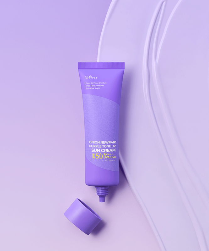 ISNTREE Onion Newpair Purple Tone-Up Sunscreen 50ml displayed on a purple background, highlighting the tube and open cap.