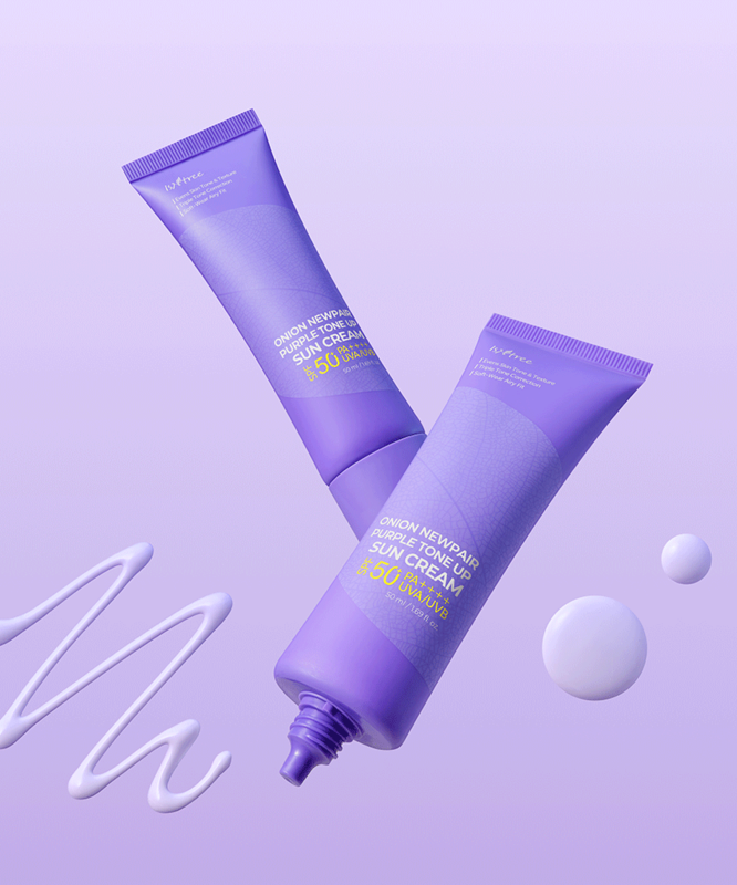 ISNTREE Onion Newpair Purple Tone-Up Sunscreen 50ml in lavender tube, showcasing light purple cream texture.