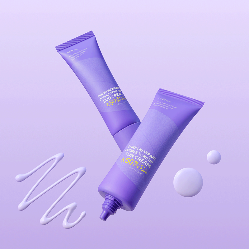 ISNTREE Onion Newpair Purple Tone-Up Sunscreen 50ml in lavender tube, showcasing light purple cream texture.