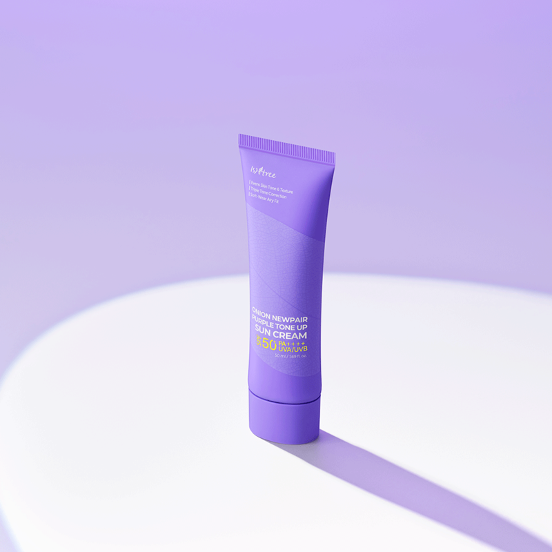 ISNTREE Onion Newpair Purple Tone-Up Sunscreen 50ml displayed on a purple background
