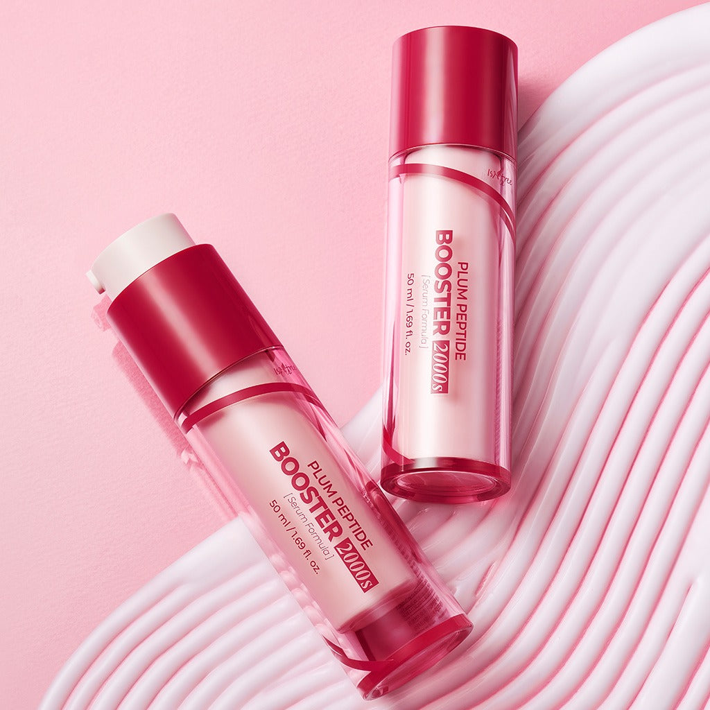 ISNTREE Plum Peptide Booster 2000s 50ml with pink background and elegant packaging design.