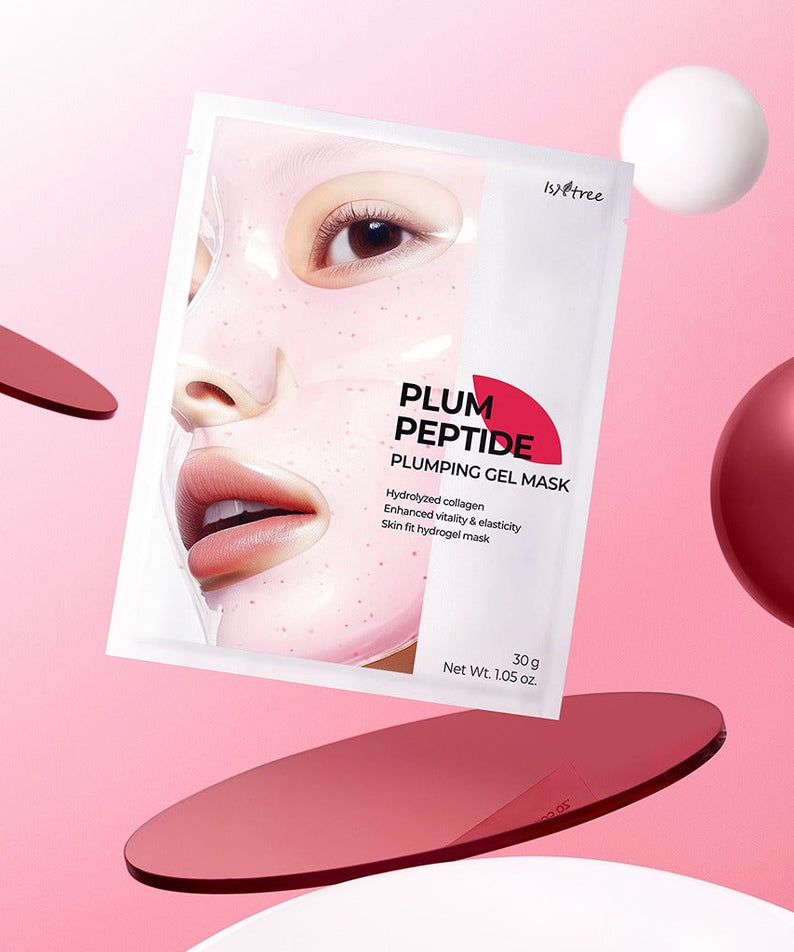 ISNTREE Plum Peptide Plumping Gel Mask 30g x 4 sheets product packaging on a pink background