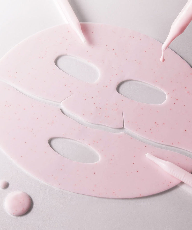ISNTREE Plum Peptide Plumping Gel Mask 30g x 4 sheets shown with serum droplets, designed to hydrate and plump skin.
