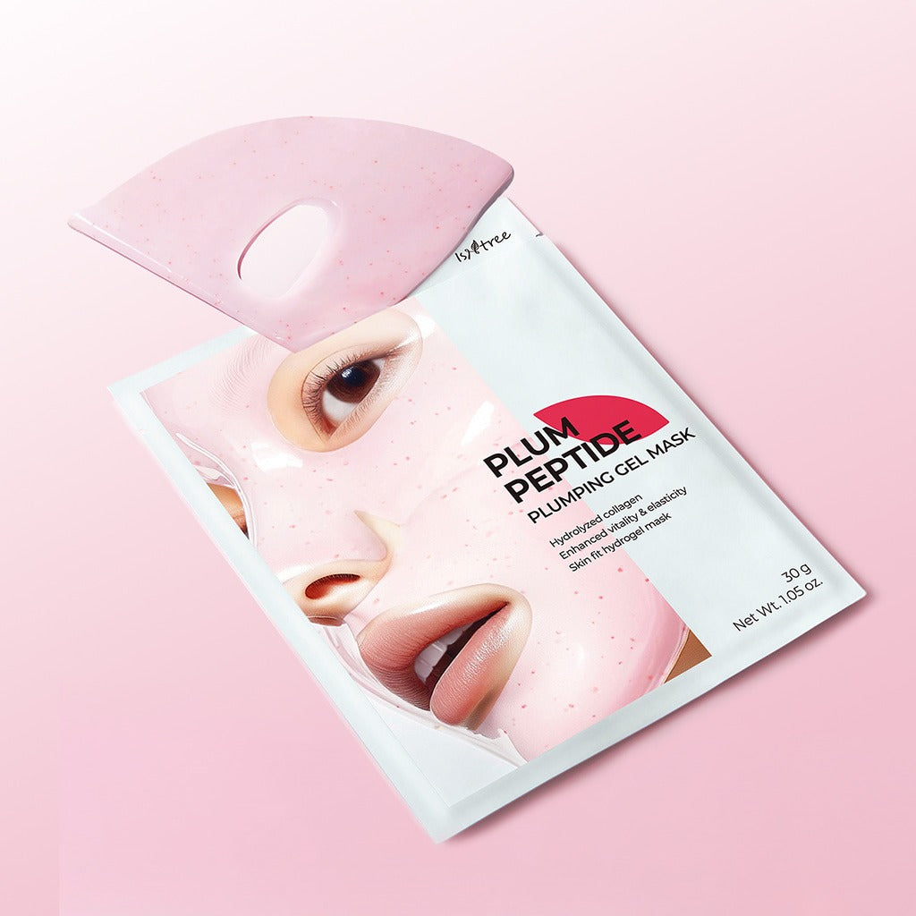 ISNTREE Plum Peptide Plumping Gel Mask 30g x 4 sheets packaging on a pink background.