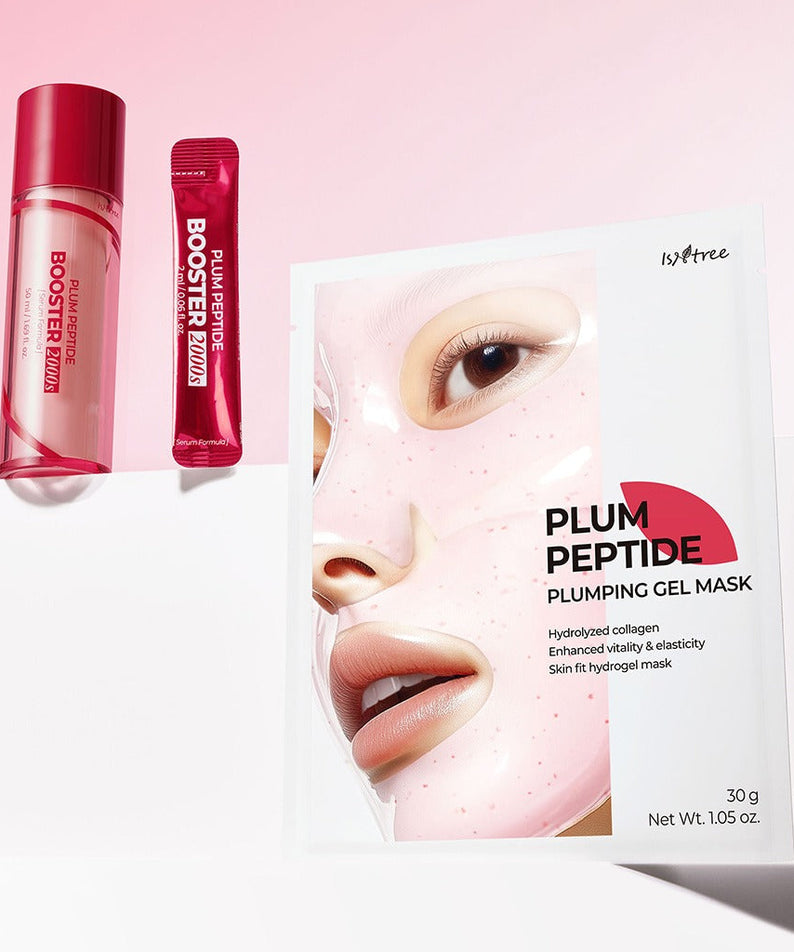 ISNTREE Plum Peptide Plumping Gel Mask 30g x 4 sheets packaging with booster serum and sachet; hydrating skin care products displayed.