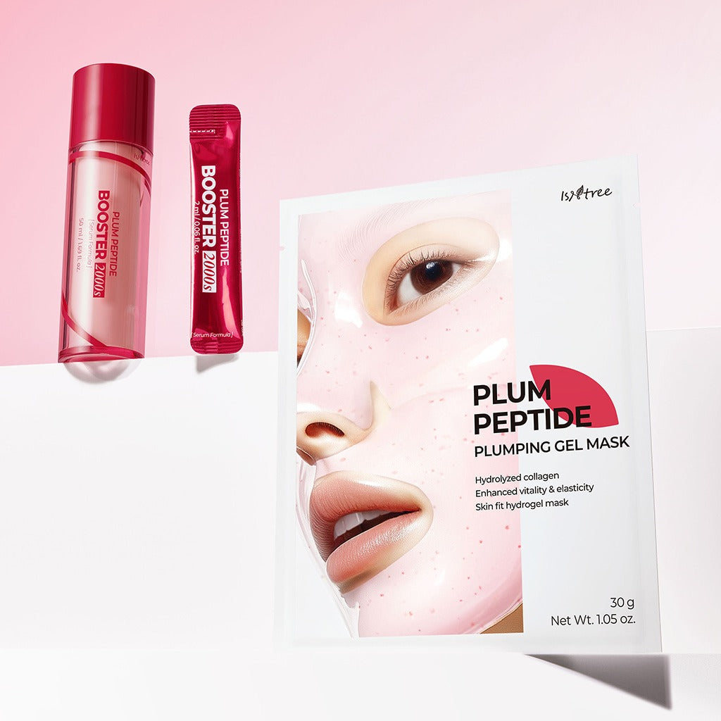 ISNTREE Plum Peptide Plumping Gel Mask 30g x 4 sheets packaging with booster serum and sachet; hydrating skin care products displayed.