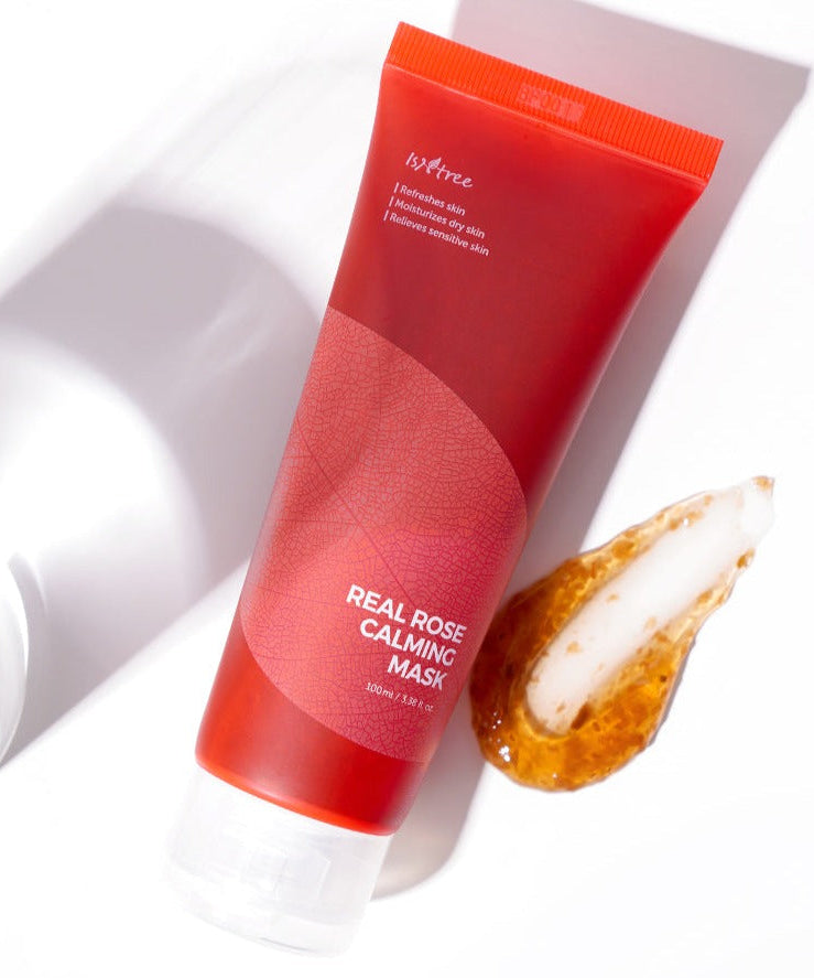 ISNTREE Real Rose Calming Mask 100ml tube with calming gel texture on a white surface