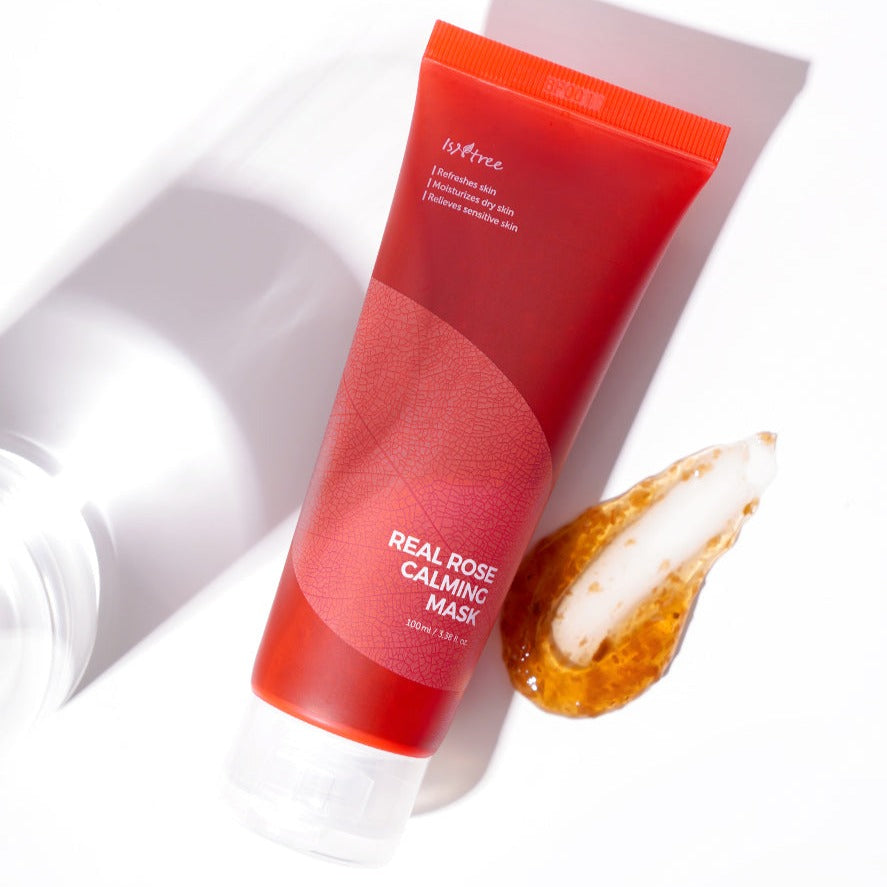 ISNTREE Real Rose Calming Mask 100ml tube with calming gel texture on a white surface
