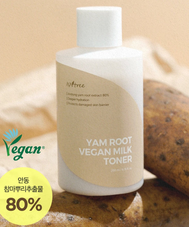 ISNTREE Yam Root Vegan Milk Toner 200ml bottle with yam roots and vegan label.