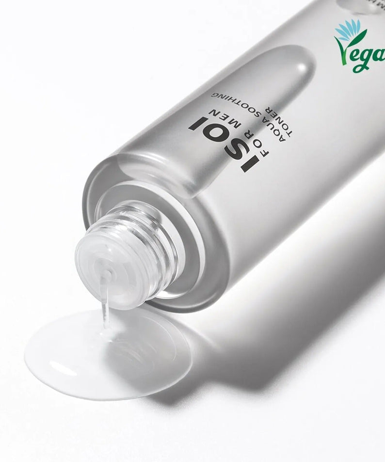 ISOI For Men Aqua Soothing Toner 150ml — Gentleman Korea close-up of clear toner pouring from silver bottle, vegan men's skincare product
