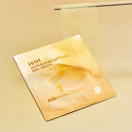 ISOI Intensive Lifting Gel Mask 29g 1 sheet, 5 pieces on beige background with transparent gel mask
