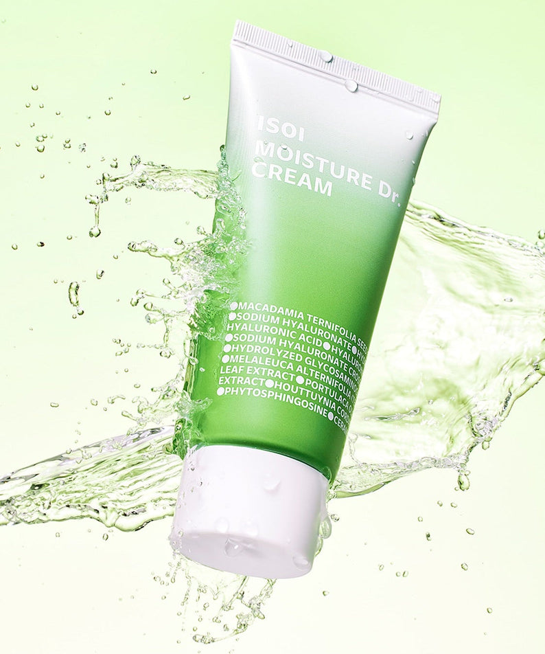 ISOI Moisture Cream 70ml moisturizing product with green packaging and splash effect.