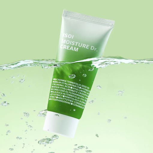 ISOI Moisture Cream 70ml tube submerged in water with green background