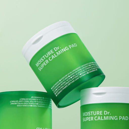 ISOI Moisture Doctor Super Calming Pads 260g x 60 sheets in green packaging on a soft green background