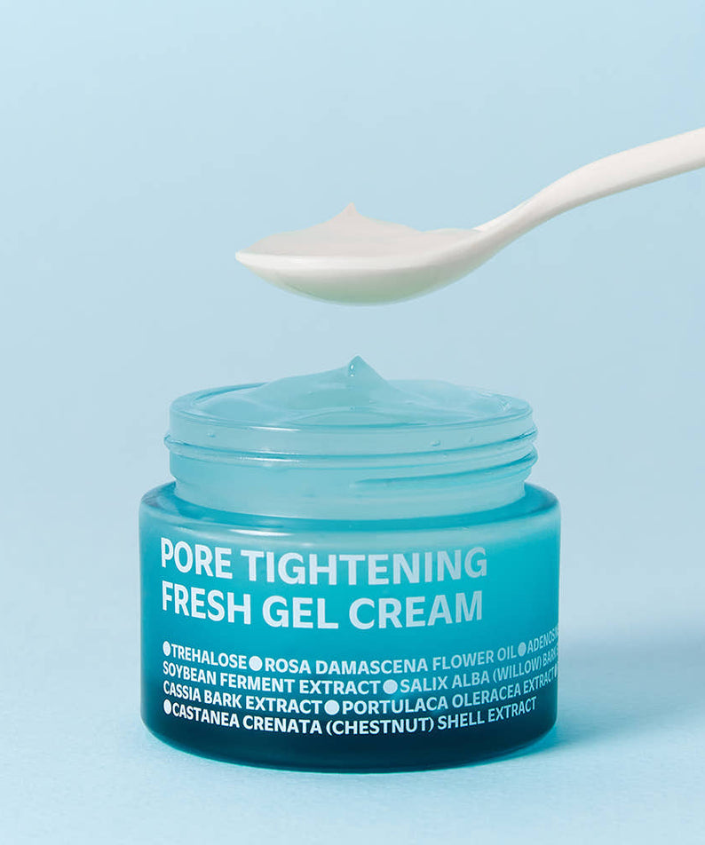 ISOI Pore Tightening Fresh Gel Cream 50ml with a spoon above, highlighting the gel texture against a blue background.