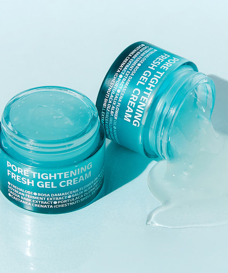 ISOI Pore Tightening Fresh Gel Cream 50ml with open and spilled contents showcasing texture on light blue background.