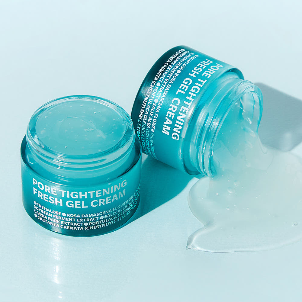 ISOI Pore Tightening Fresh Gel Cream 50ml with open and spilled contents showcasing texture on light blue background.