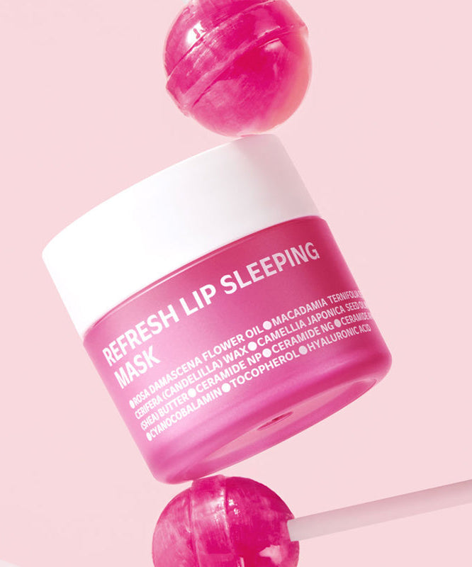 ISOI Refresh Lip Sleeping Mask 25g jar on a pink background with lollipop accents.
