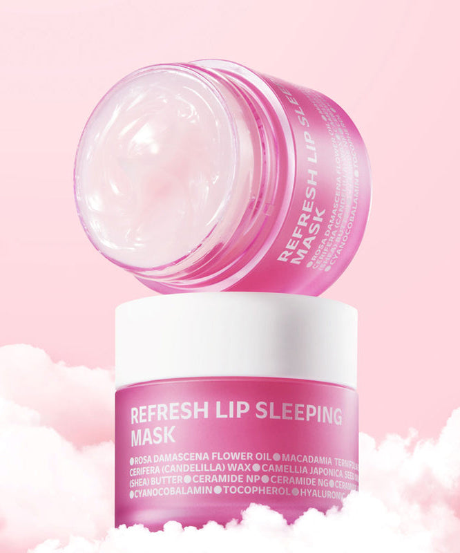 ISOI Refresh Lip Sleeping Mask 25g on a pink background, open jar showing creamy texture on top of closed jar.