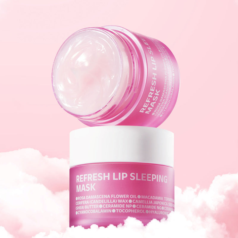 ISOI Refresh Lip Sleeping Mask 25g on a pink background, open jar showing creamy texture on top of closed jar.