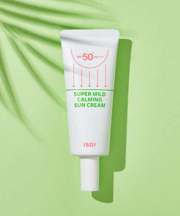 ISOI Super Mild Calming Sun Cream SPF50+PA++++ 55ml against a green background