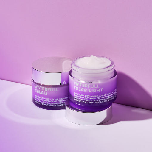 ISOI Waterful Cream Light 50ml in purple packaging on a pink background