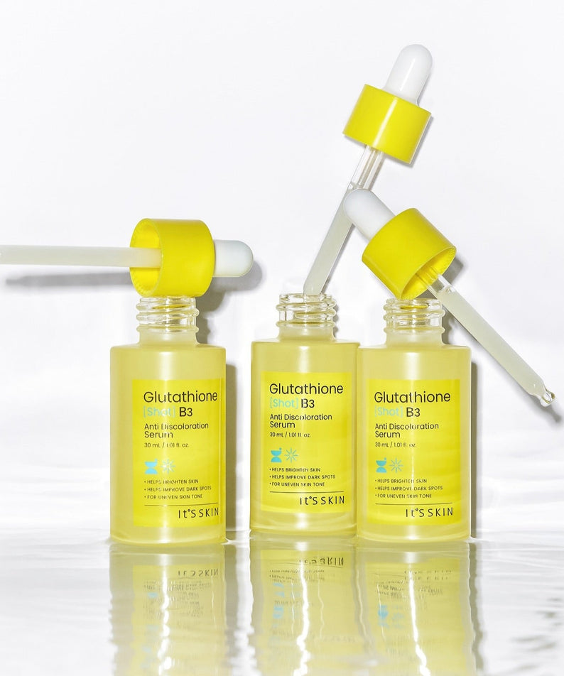 IT'S SKIN Glutathione Shot B3 Serum 30ml in yellow dropper bottles showcasing skincare product.
