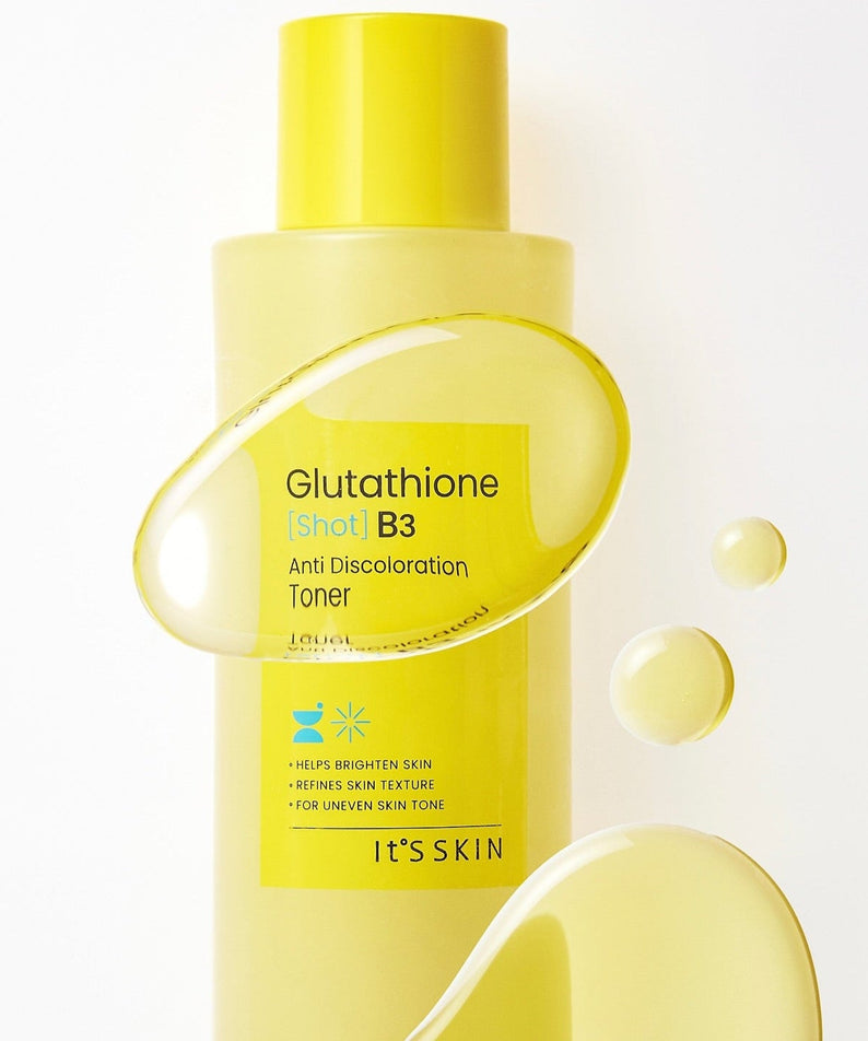 IT'S SKIN Glutathione Shot B3 Toner 120ml bottle, bright yellow packaging with text and liquid drops for skincare focus.