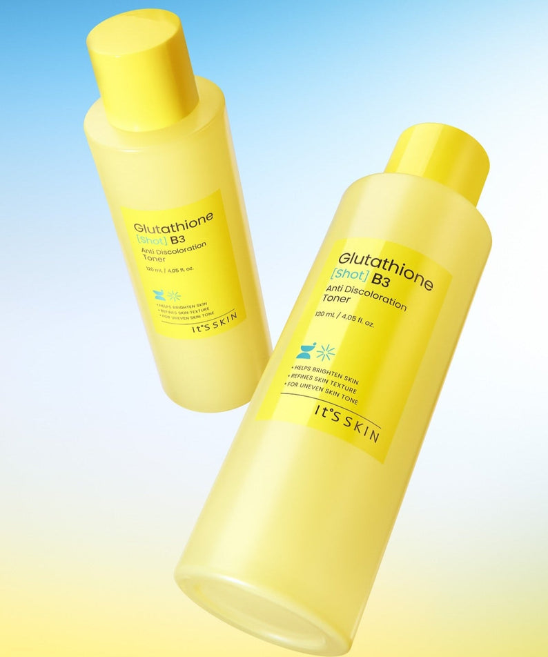 Image of IT'S SKIN Glutathione Shot B3 Toner 120ml with bright yellow packaging on a gradient blue background.