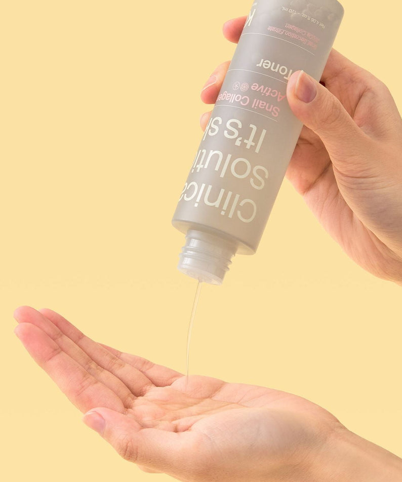 Person pouring IT'S SKIN Snail Collagen Active Toner 120ml into hand on a yellow background.