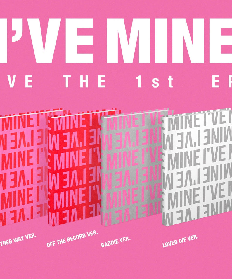 Album cover of IVE The 1st Ep Album I've Mine (Random Ver.) with various versions displayed on a pink background.