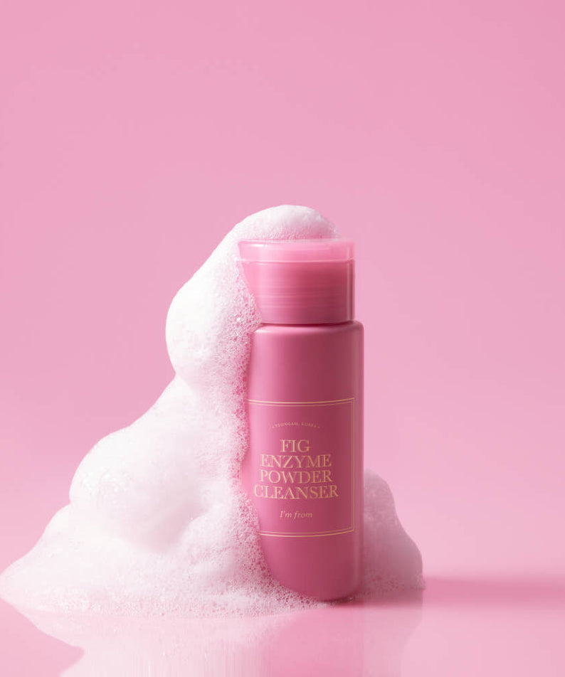 I'M FROM Fig Enzyme Powder Cleanser 50g with foaming bubbles on pink background.