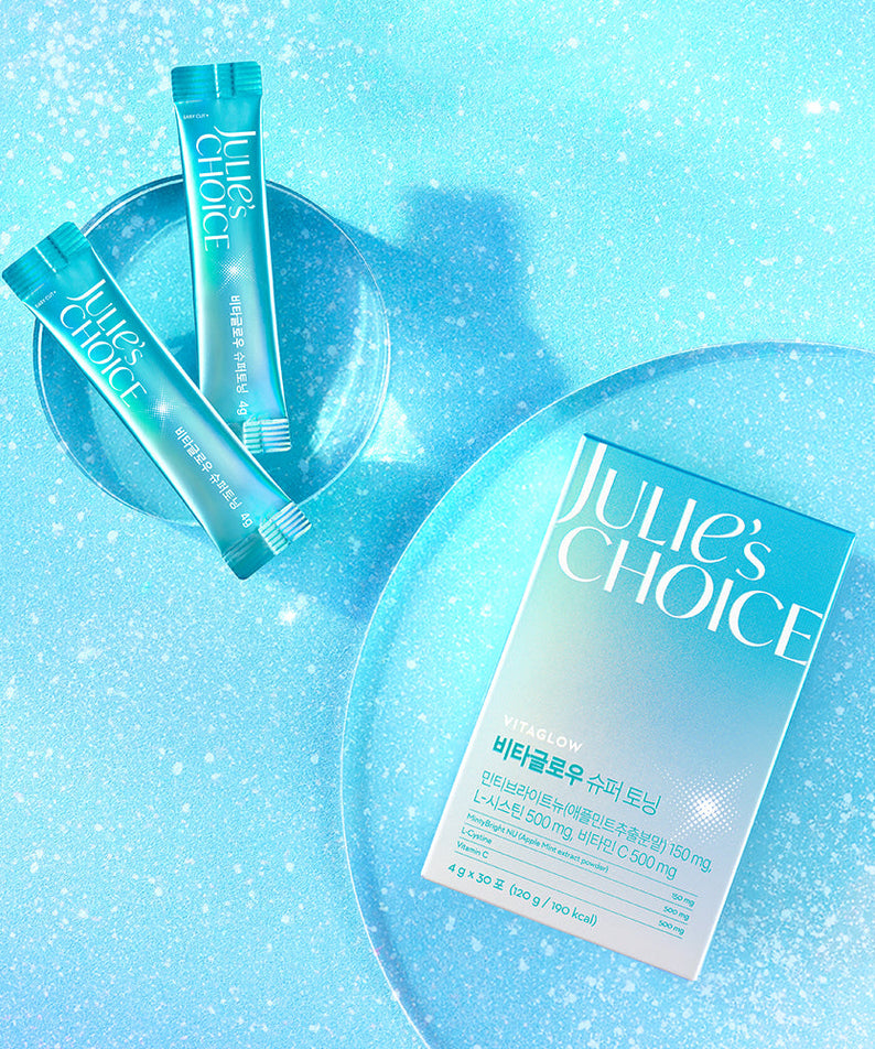 JULIE'S CHOICE Vita Glow Super Toning product packaging against a sparkling blue background.