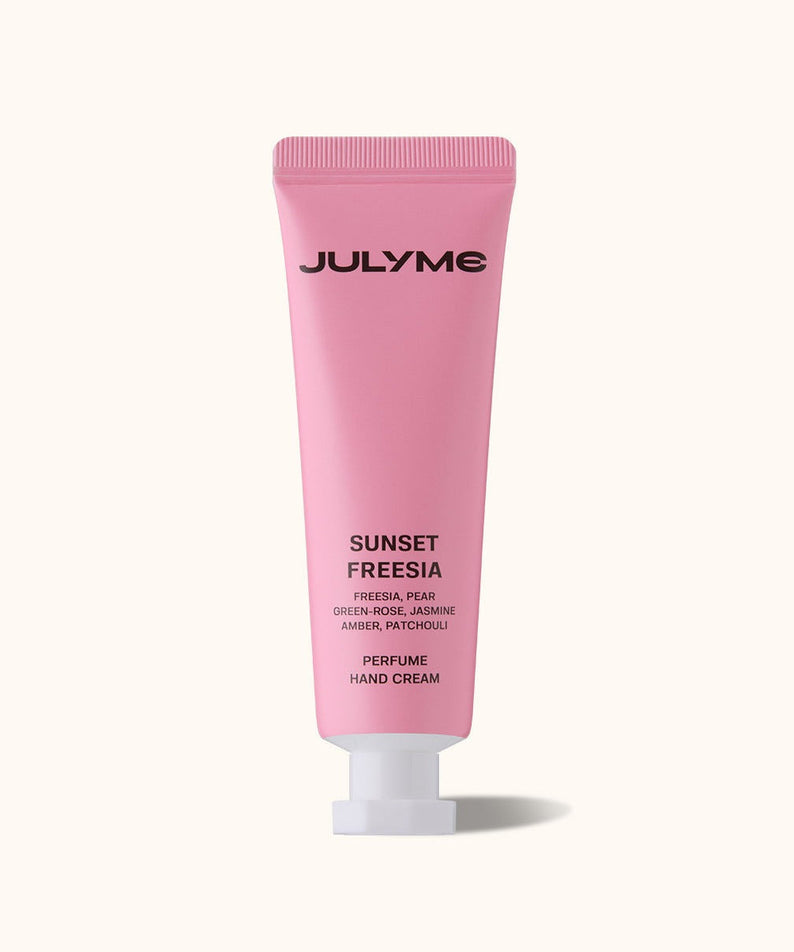 JULYME Perfume Shea Butter Hand Cream 30ml - Pink Sunset Freesia tube design on a neutral background