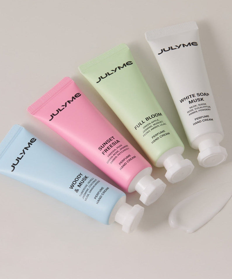 JULYME Perfume Shea Butter Hand Cream 30ml tubes in various scents displayed on a white background.