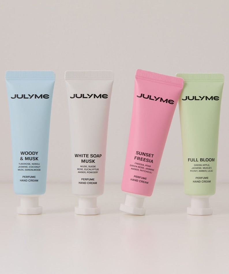 Four varieties of JULYME Perfume Shea Butter Hand Cream 30ml in different colors: Woody & Musk, White Soap Musk, Sunset Freesia, Full Bloom