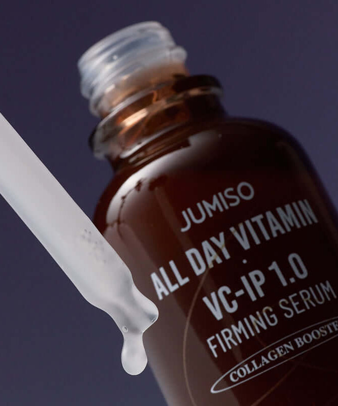 JUMISO All Day Vitamin VC-IP 1.0 Elasticity Serum bottle with dropper, highlighting the firming and collagen-boosting benefits.