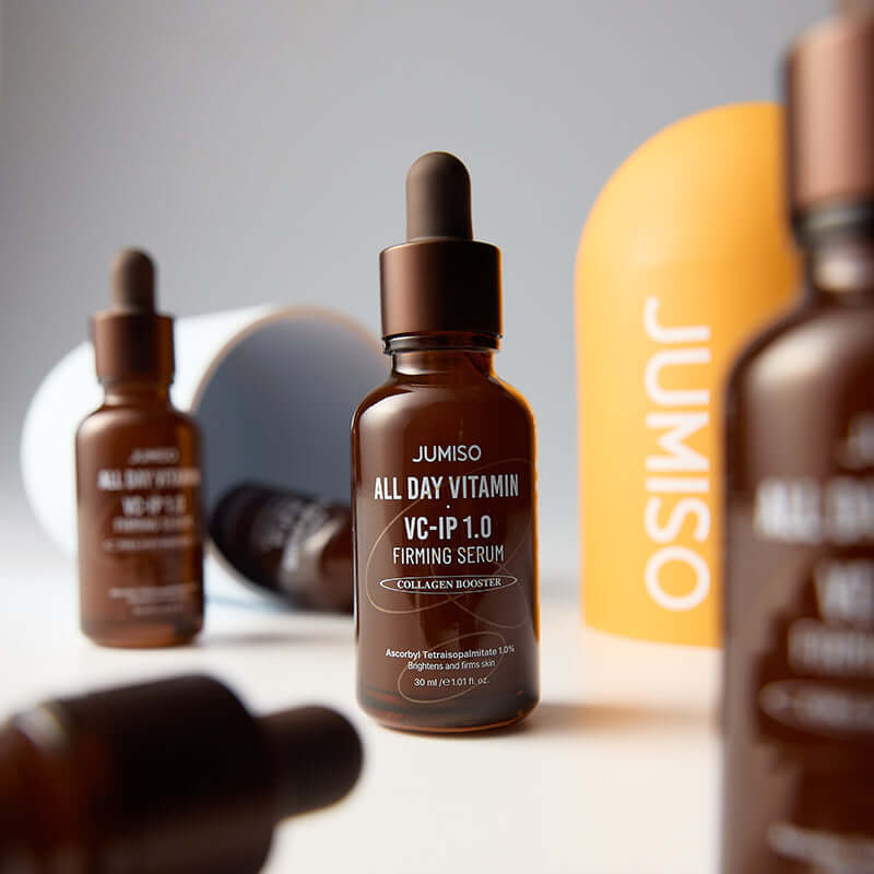 Bottles of JUMISO All Day Vitamin VC-IP 1.0 Elasticity Serum displayed with packaging for skin firming