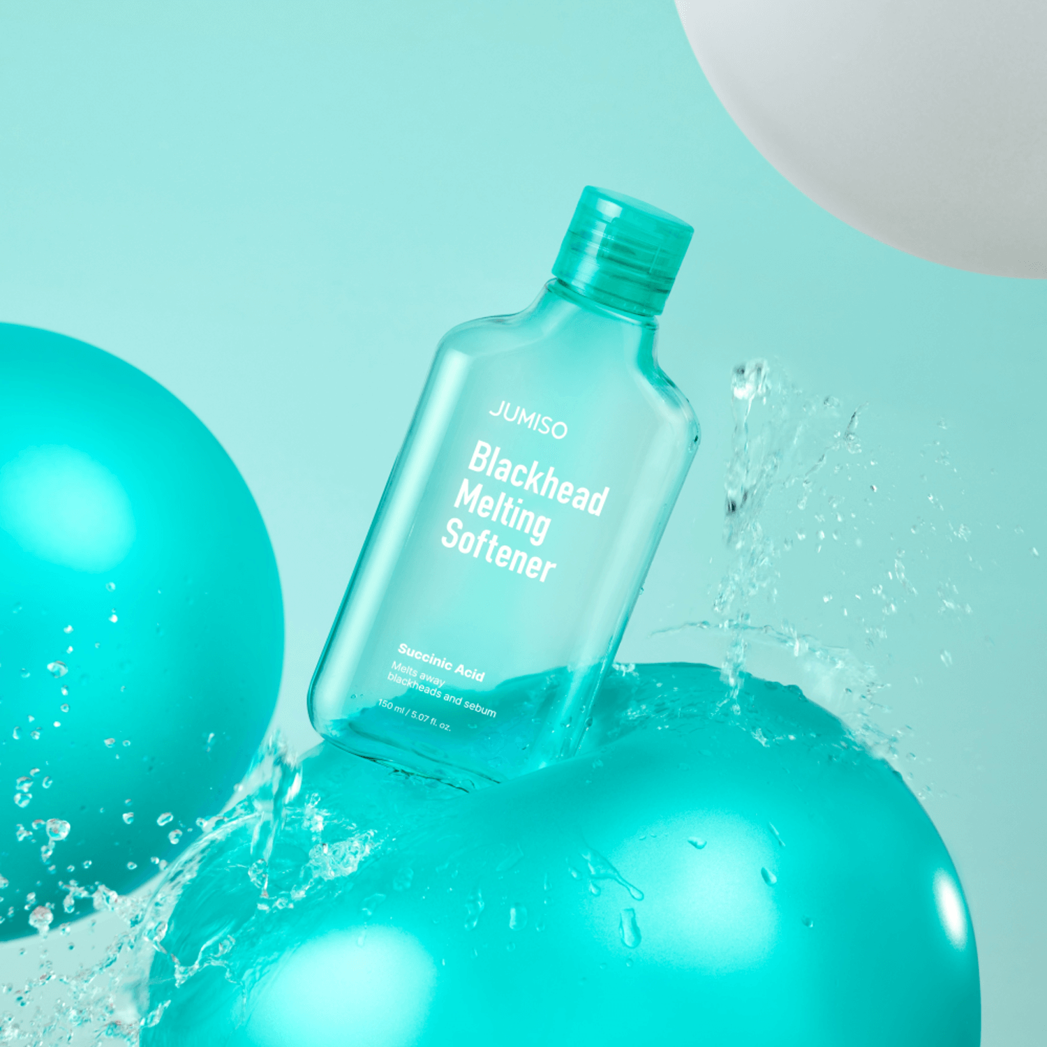 JUMISO Blackhead Melting Softener 150ml bottle surrounded by turquoise balloons and water splash on a light blue background.